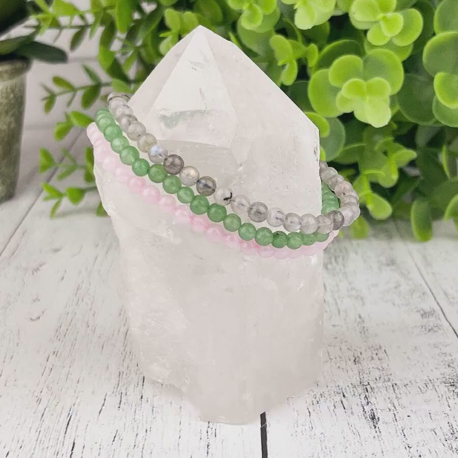 Happiness Stacking Bracelet Set • Labradorite, Rose Quartz & Green Aventurine • 4mm Beads • Crystal Healing Jewelry • Heart Chakra Gift