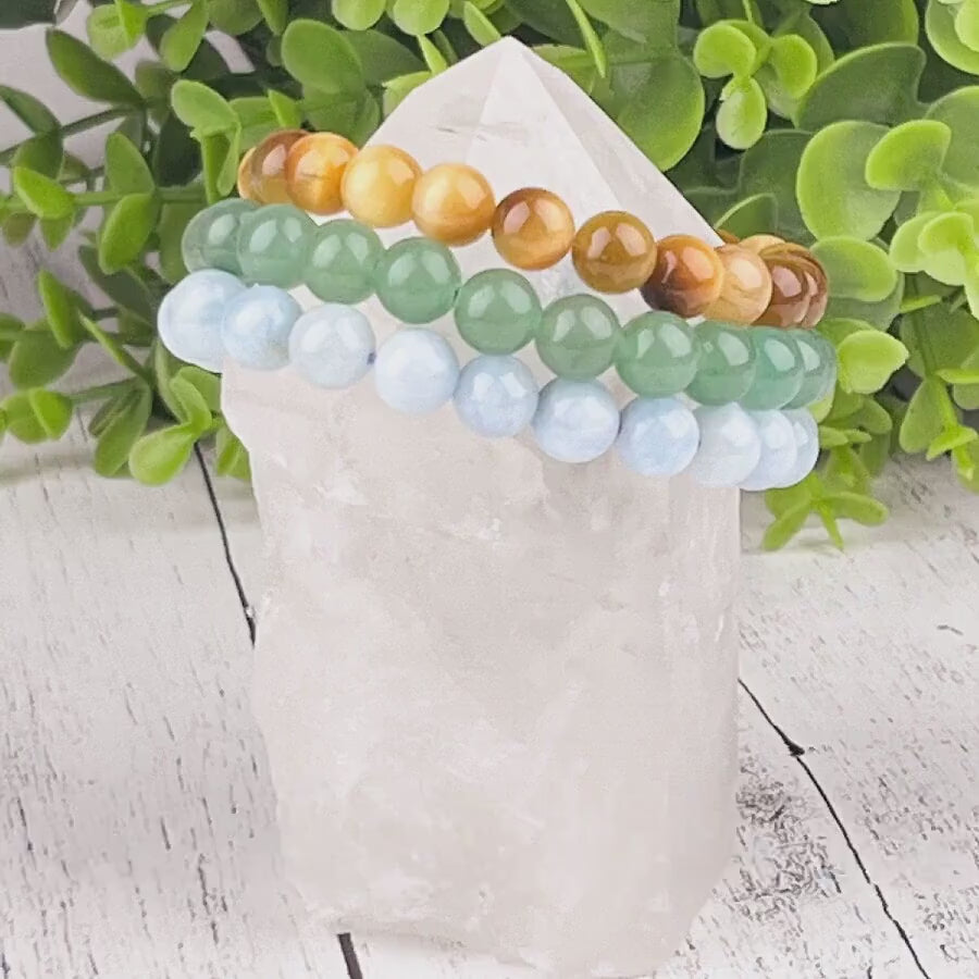 Gemstone Good Luck Bracelet Set with Green Aventurine, Aquamarine, and Tiger Eye Beads - 8mm Stack Bracelet Set for Abundance and Success