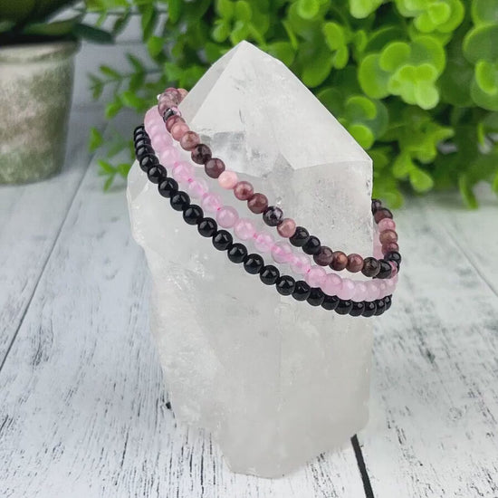 Stress Relief Gemstone Bracelet Set, Rose Quartz, Rhodonite, Black Tourmaline, 4mm Beads, Healing Crystals, Calming Energy Jewelry