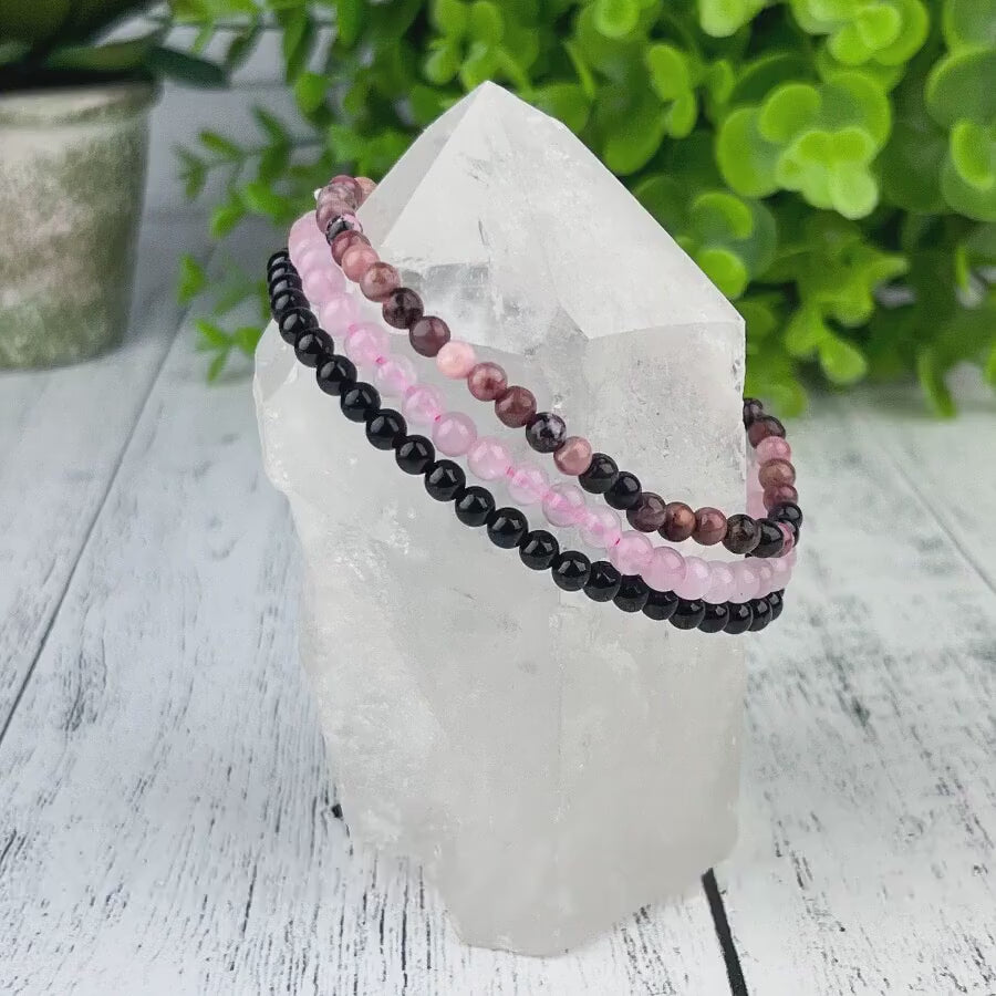 Stress Relief Gemstone Bracelet Set, Rose Quartz, Rhodonite, Black Tourmaline, 4mm Beads, Healing Crystals, Calming Energy Jewelry