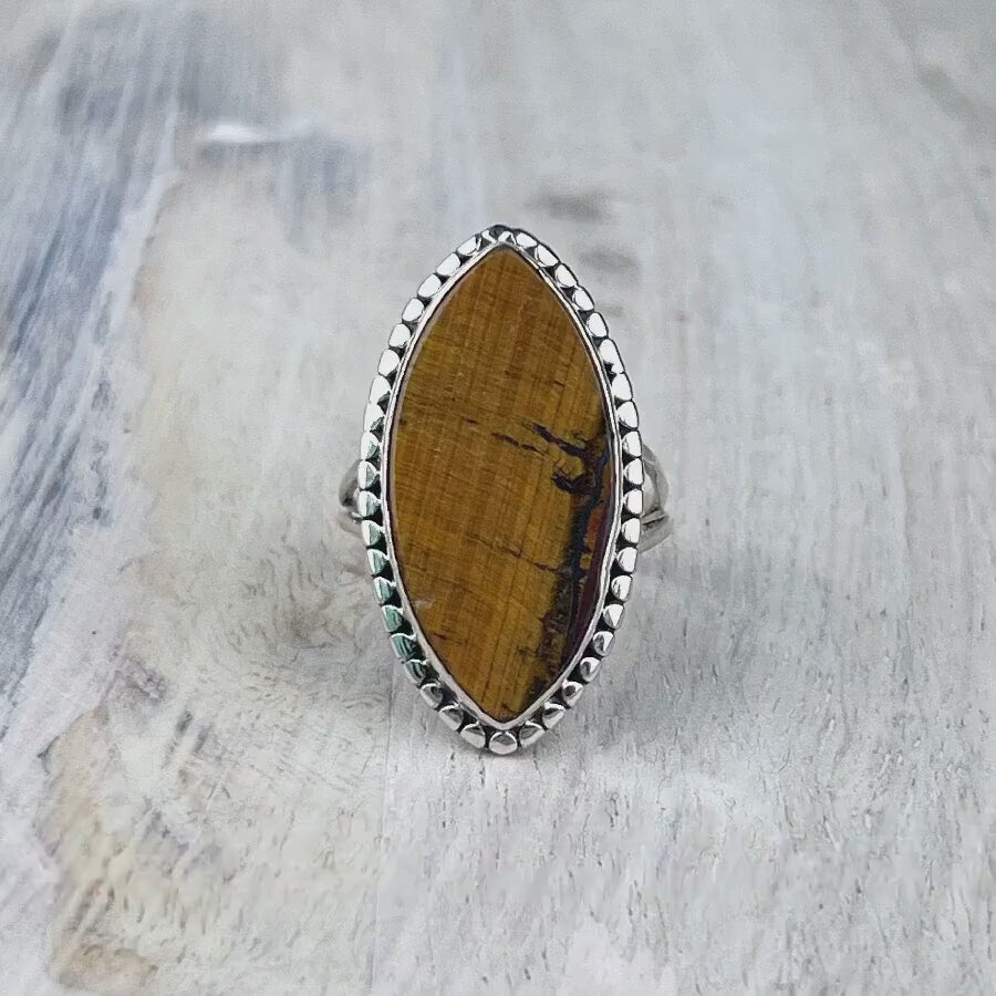 Tiger’s Eye Ring in 925 Sterling Silver – size 6 Protective Crystal Ring for Courage, Focus & Strength