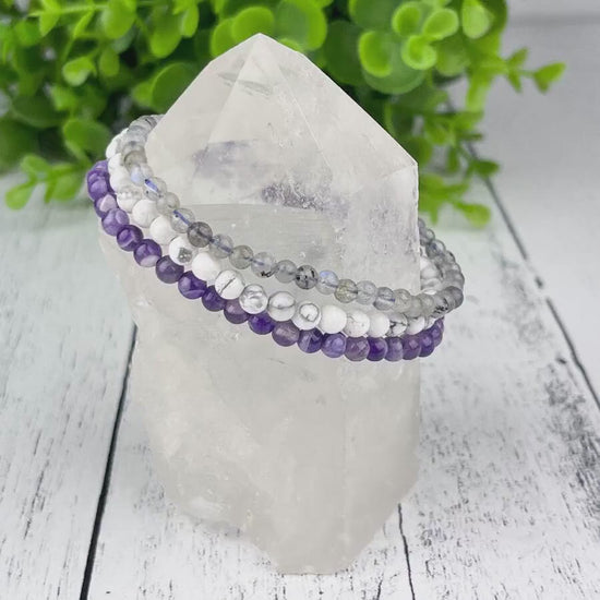 Serenity Gemstone Bracelet Set - Amethyst, Howlite, Labradorite - Stack of 3 - Spiritual Awareness, Calming, Joyful Energies