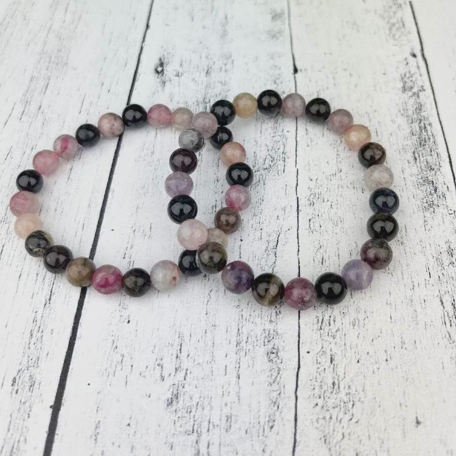 Watermelon Tourmaline Bracelet - Heart Soothing Gemstone Beads 8mm - Stress Relief Meditation Jewelry