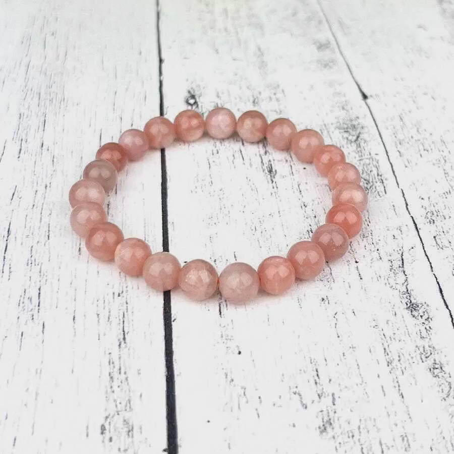 Emotional Healing Peach Moonstone Bracelet – 8mm Natural Gemstone Beads on Stretch Cord for Self-Love, Soothing Energy & Inner Balance
