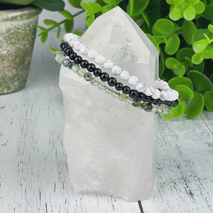 Protection Bracelet Stack – Black Tourmaline, Howlite and Prehnite Gemstone Bracelets for Grounding, Calming & Heart Healing 4mm Beads