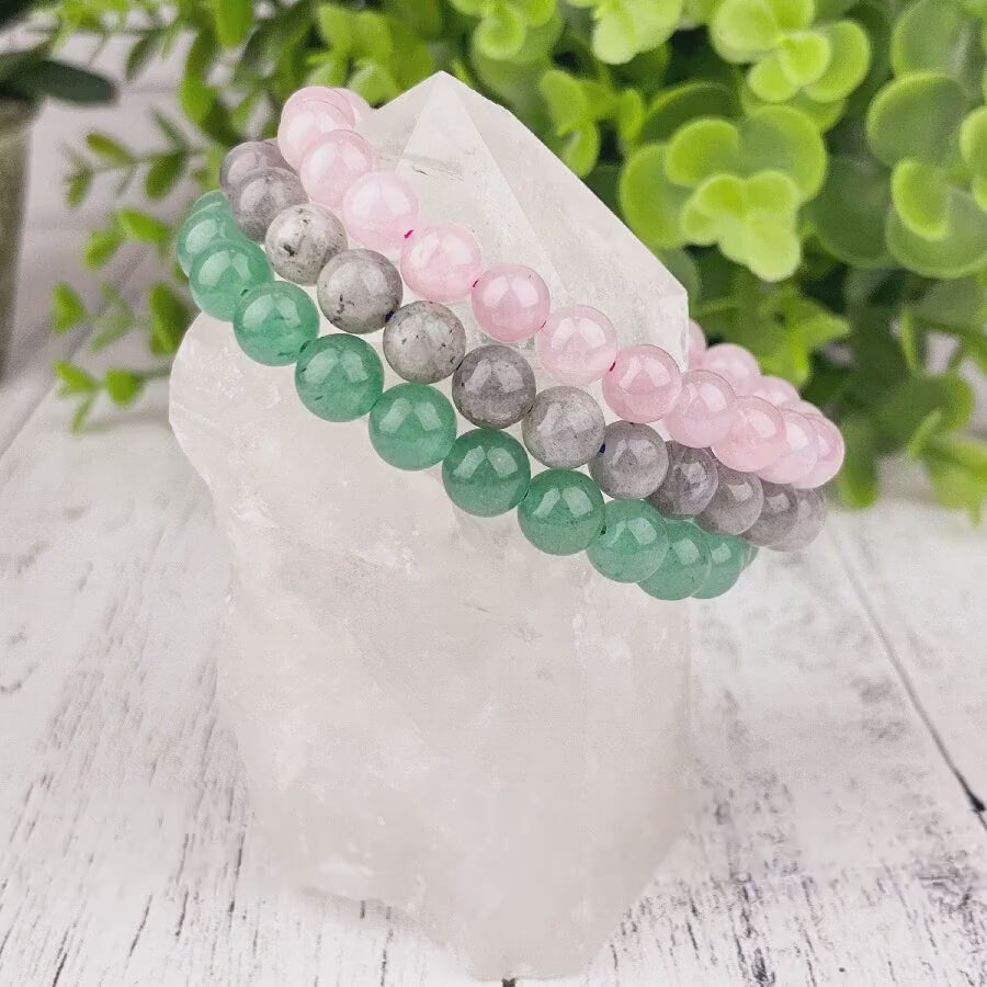 Happiness Crystal Bracelet Set 8mm • Rose Quartz, Green Aventurine & Labradorite • Stretch Gemstone Stack • Heart Chakra Healing Jewelry