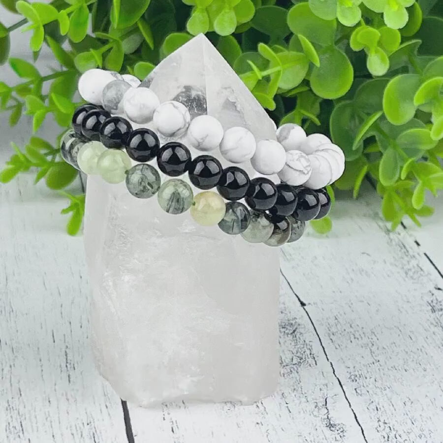 Crystal Protection Stack Bracelet Set | Black Tourmaline, Howlite, Prehnite | Anxiety Relief, Memory Enhancement, Inner Peace | 8mm Beads