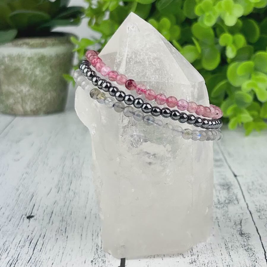 Gemstone Strength Stack Bracelet Set: Hematite Labradorite Red Aventurine 4mm Bead Elastic Bracelets - Grounding, Creativity, Strength