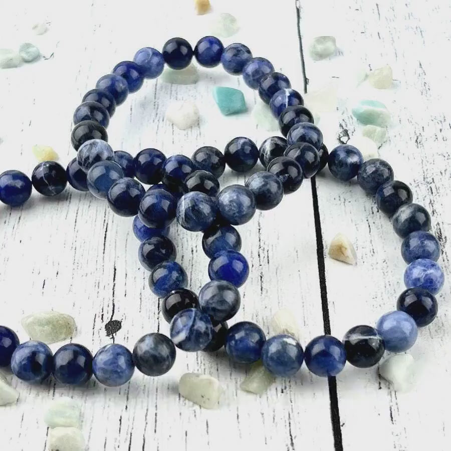 Sodalite Gemstone Bracelet for Self-Esteem & Intuition | 8mm Stone Beads on Elastic | Harmony-Inducing Energy for Grounding - Balance