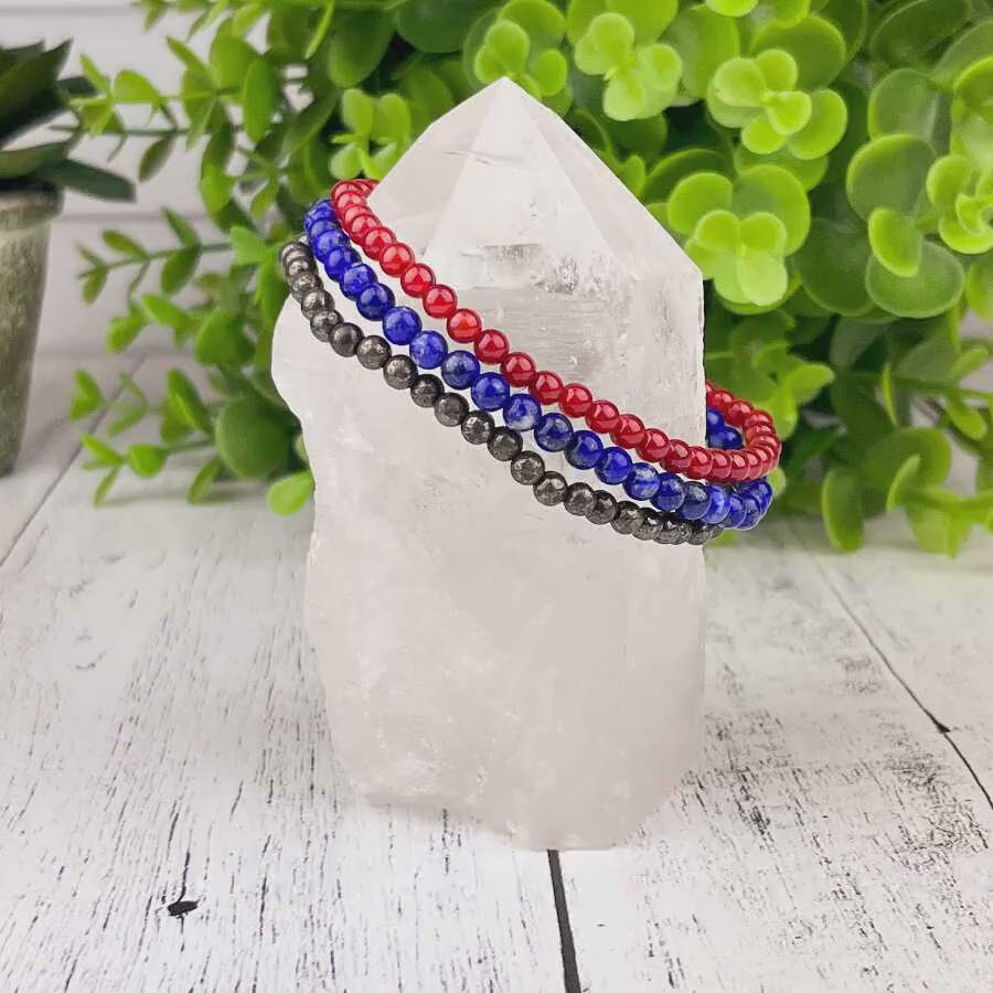 Motivation and Focus Crystal Bracelet Stack Carnelian, Pyrite & Sodalite 4mm Beads