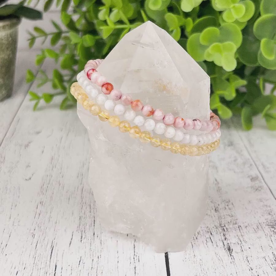 Gemstone Bracelet Stack Set for New Beginnings: Citrine, Flower Agate, Moonstone 4mm Beads - Wealth, Manifestation, Inner Peace