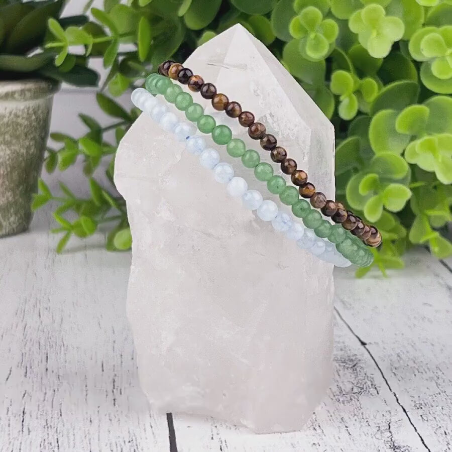 Gemstone Good Luck Stack Bracelet Set with Green Aventurine, Aquamarine, and Tiger Eye Beads for Luck, Success, and Protection