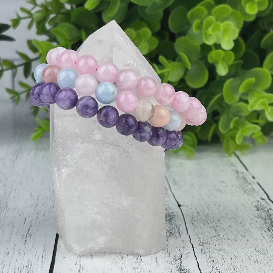 Healing Love Stack Bracelet Set with Rose Quartz, Lepidolite, and Morganite Beads - 8mm Gemstone Bracelets - Set of 3