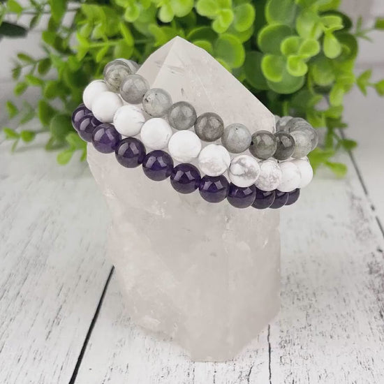 Serenity Stack Set: Amethyst, Howlite, Labradorite Gemstone Bracelets 8mm - Calm, Balance, Creativity - Set of 3 Beaded Bracelets