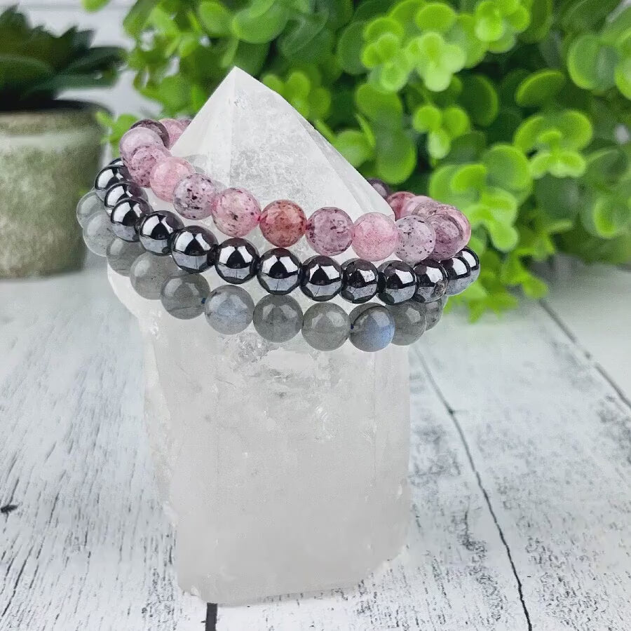 Gemstone Strength Stack Bracelet Set - Hematite Labradorite Red Aventurine - 8mm Beads - Elastic - Grounding Calming Energy Protection