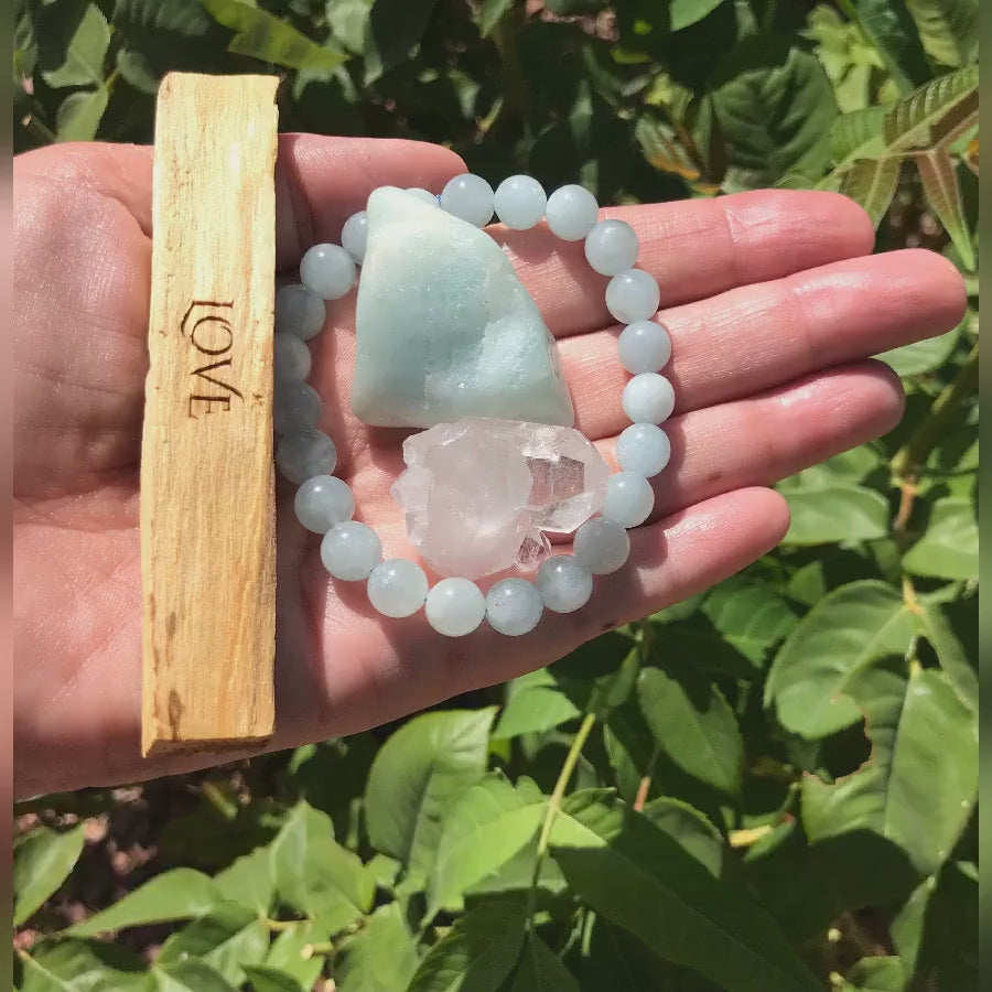 Calming Aquamarine Bracelet Set with Clear Quartz Druzy and Palo Santo Stick etched with Love - Good Luck and Protection Talisman