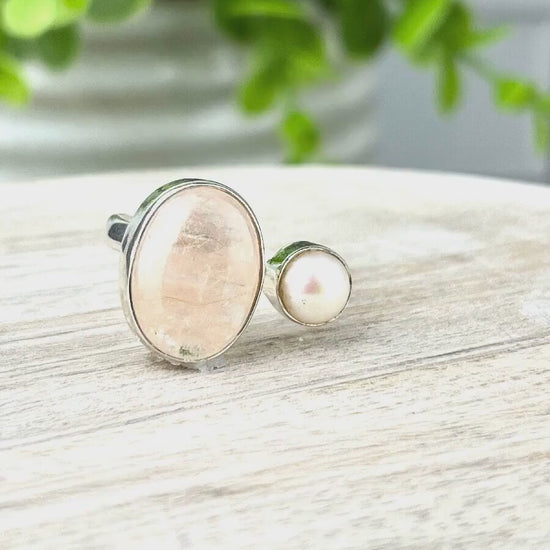 Divine Love and Healing Morganite Pearl Ring - Adjustable Size 8-10 - Sterling Silver Gemstone Ring with Calming Energy for Love