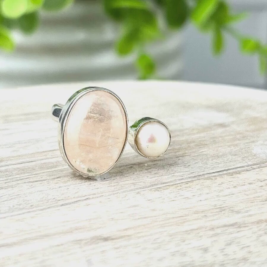 Divine Love and Healing Morganite Pearl Ring - Adjustable Size 8-10 - Sterling Silver Gemstone Ring with Calming Energy for Love