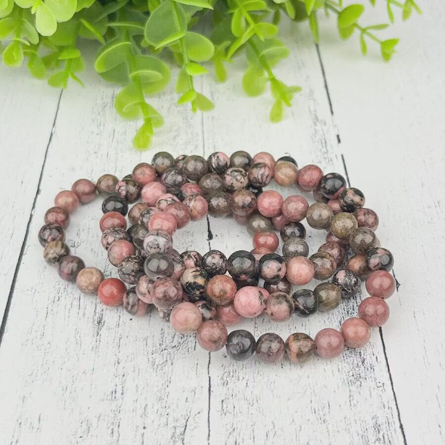 Rhodonite Healing Bracelet – 8mm Natural Pink & Black Crystal Beads for Emotional Support, Self-Worth and Calming Energy