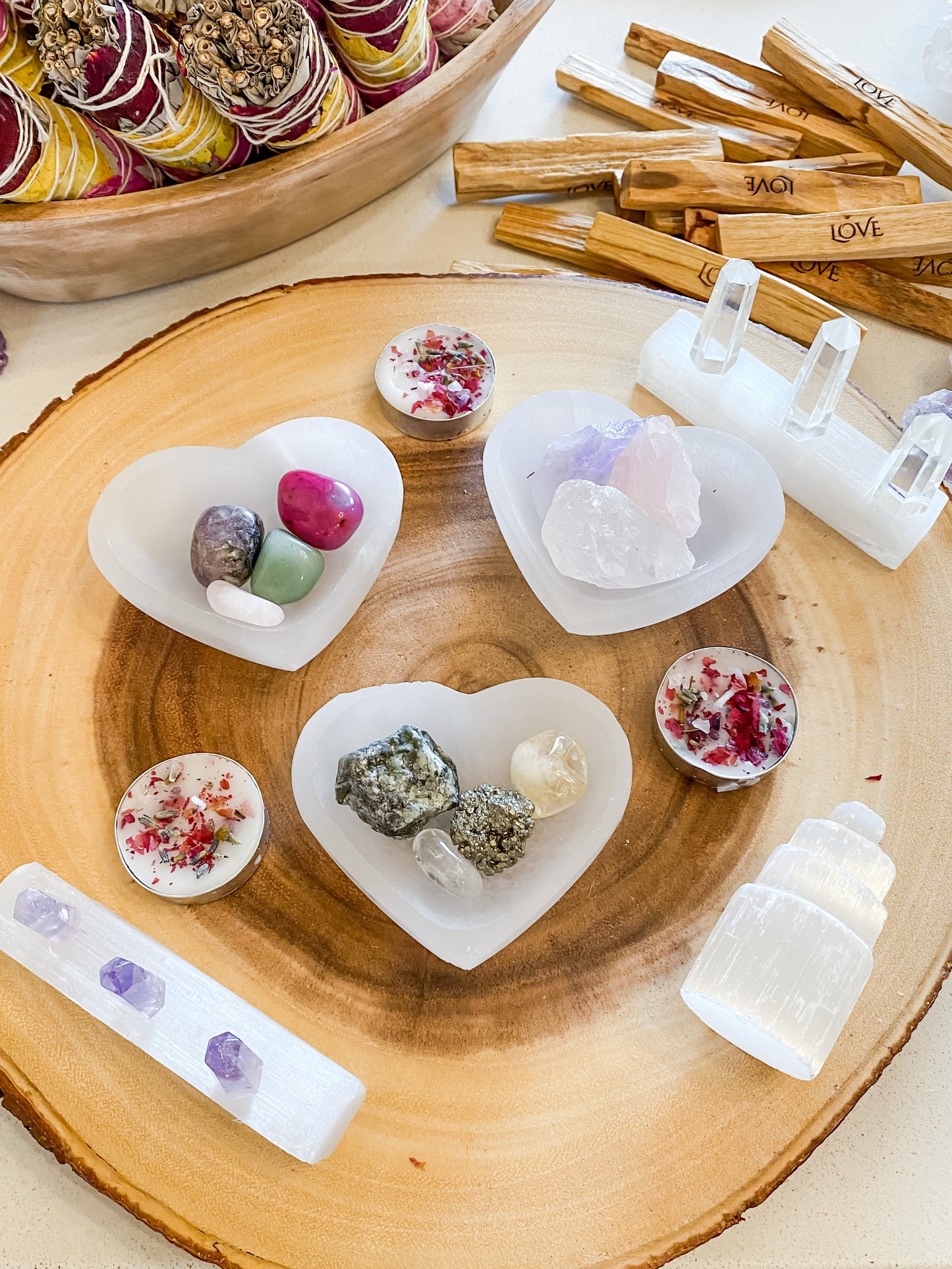 Love Stones in Selenite Heart Bowl Set