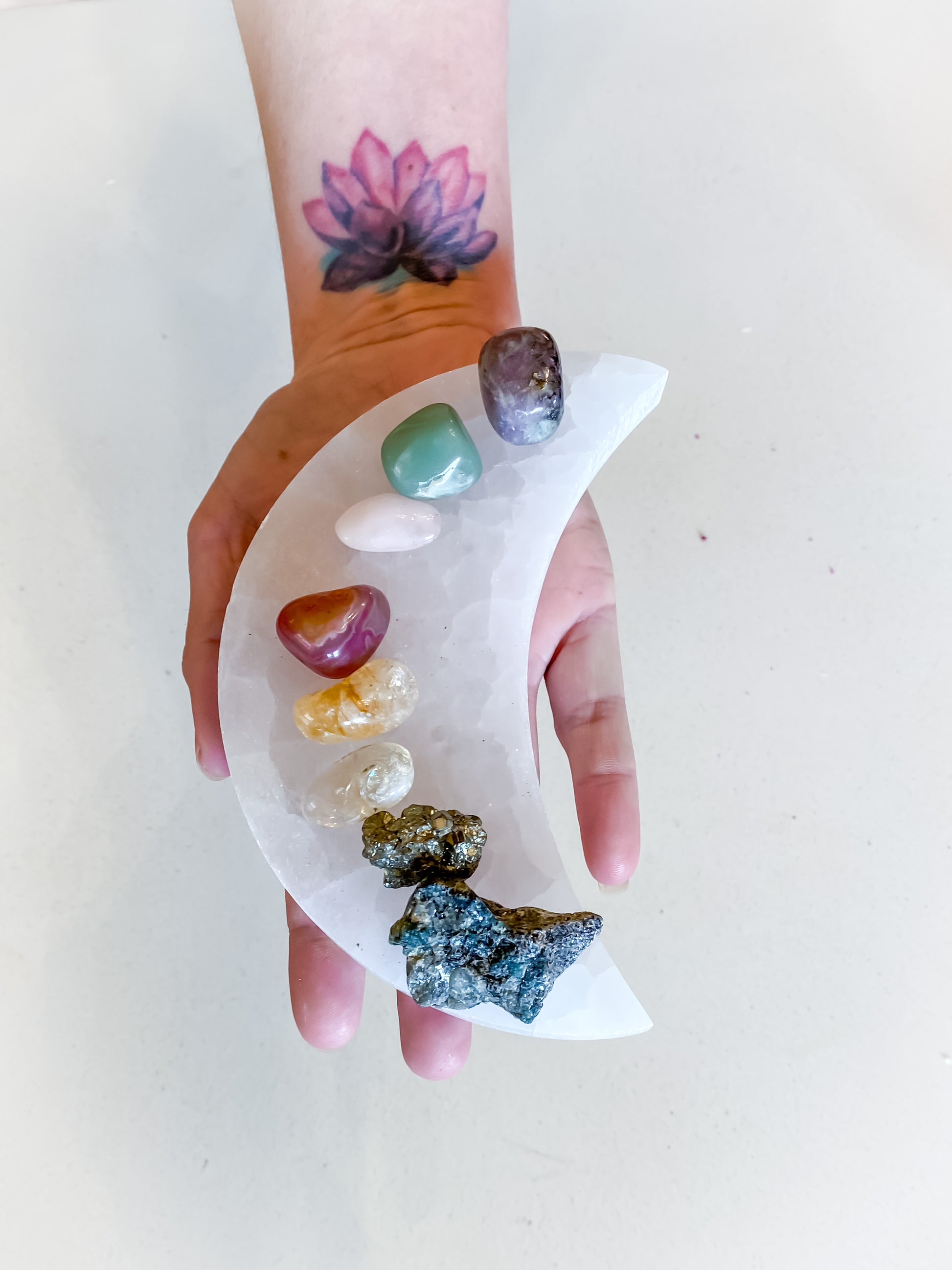 Selenite Moon Charging Plate Set with Love & Prosperity Crystals