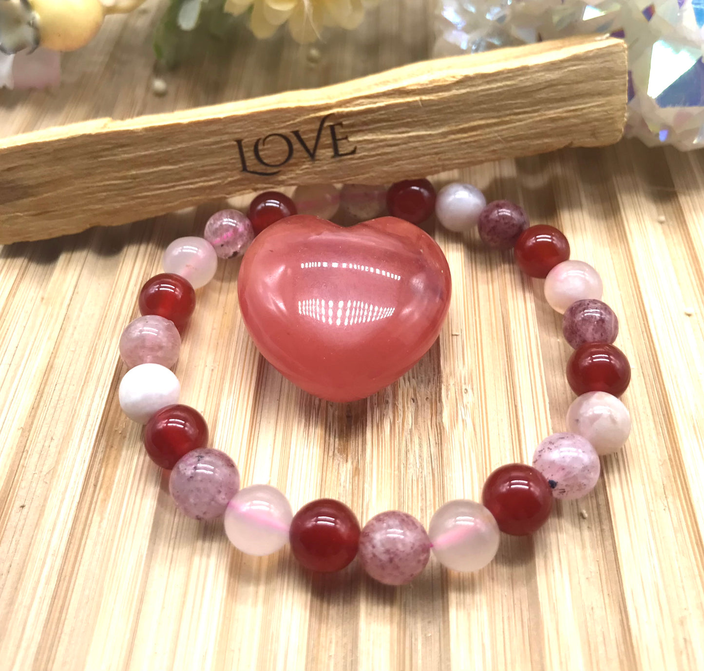 Red Aventurine Flower Agate and Carnelian Heart Set